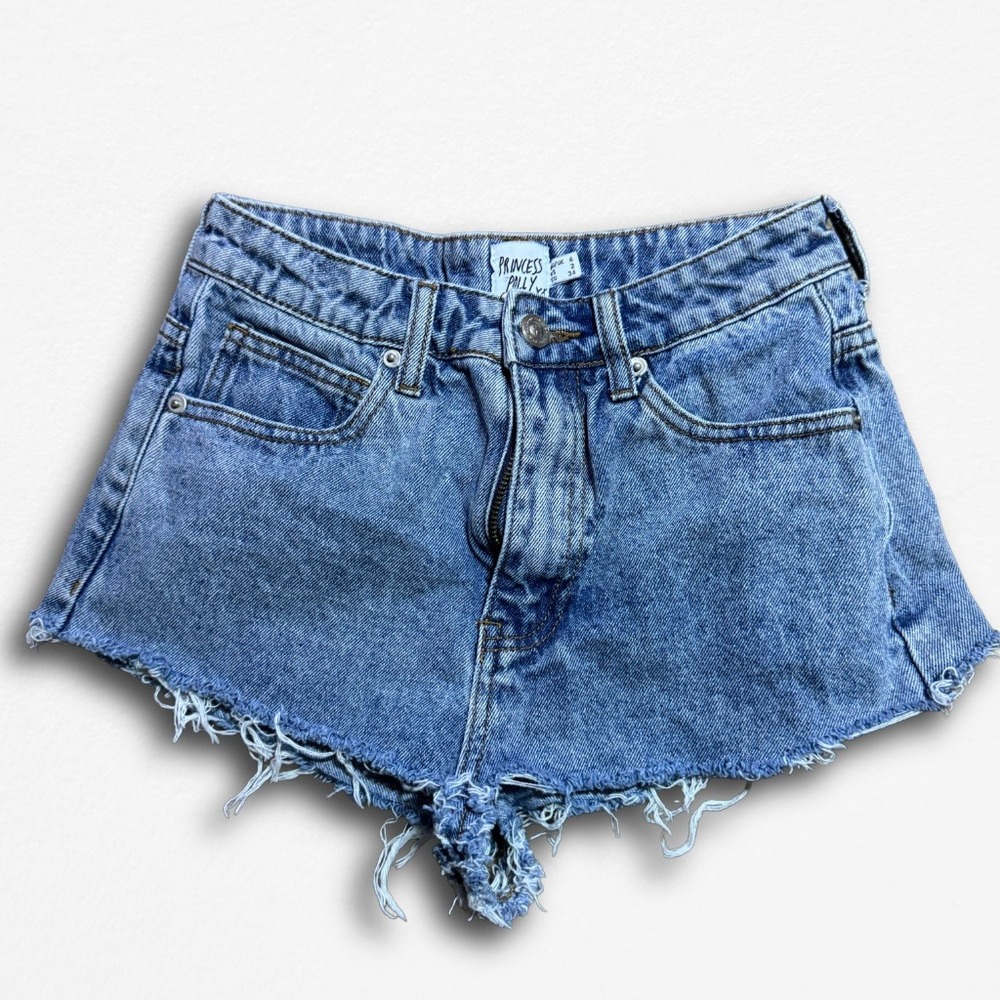 Princess Polly Womens Light Wash Distressed Raw Hem Denim Shorts Blue Size US 2